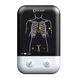 Electrocardiógrafo ZGN-10 mostrando su diseño compacto y conectividad Bluetooth para uso en telemedicina